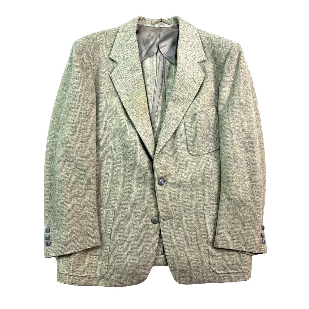 vtg 50s Harilelas 44R Bespoke Gray Herringbone‎ Tweed Blazer Jacket Sport Coat